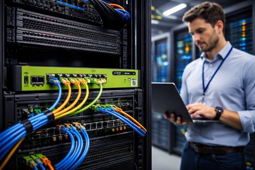 Router mạng và kỹ sư trong trung tâm dữ liệu