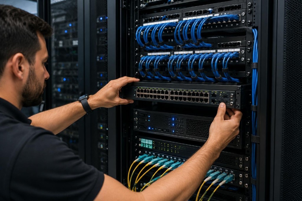 Kỹ thuật viên lắp switch mạng doanh nghiệp
